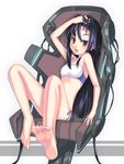  barefoot bikini black_hair chair feet jougen long_hair original red_eyes soles solo sports_bikini swimsuit 