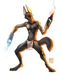  anubian_jackal anubis anubite black black_fur canine deity egyptian fur glowing glowing_eyes ice jackal katar loincloth male mammal plain_background smoke solo weapon white_background 