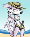  belt bikini breasts camo chadrocco cleavage clothed clothing fangs female grey_eyes half-closed_eyes hat knife mammal mustelid nic_the_weasel ponytail purple purple_body sand seaside sega skimpy solo sonic_(series) swimsuit tail teeth water weapon weasel 