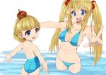  :d amatsuka_mari amatsuka_rikka ass baby_princess bikini blonde_hair blue_eyes breasts child hair_bobbles hair_ornament kusaka_souji looking_back medium_breasts multiple_girls navel one-piece_swimsuit open_mouth outstretched_arms smile swimsuit twintails v wading 