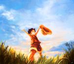  bad_id bad_pixiv_id black_hair closed_eyes day grass grin hat highres male_focus monkey_d_luffy one_piece scar shorts sky smile solo straw_hat tsuyomaru younger 