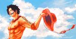  bad_id bad_pixiv_id black_hair closed_eyes cloud day freckles hat jewelry male_focus necklace one_piece portgas_d_ace sky smile solo tattoo tsuyomaru 