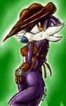  amber_eyes brown_clothing cowboy_hat fangs female green_background gs_fox hat looking_back mammal mustelid nic_the_weasel plain_background ponytail purple purple_body sega solo sonic_(series) tail weasel 