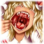  blonde_hair close-up fangs flandre_scarlet hat hat_ribbon head_tilt looking_at_viewer mouth mouth_pull nostrils open_mouth red_eyes ribbon saliva sanagi_(diohazard) short_hair side_ponytail solo teeth tongue touhou uvula vampire 