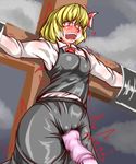  1girl blonde_hair blush bow breasts cross crucified crucifixion eyebrows eyebrows_visible_through_hair female open_mouth outdoors restrained rumia sex_toy short_hair small_breasts solo_focus sweat the_embodiment_of_scarlet_devil tom_(remisaku) touhou vibrator wet wet_clothes youkai 