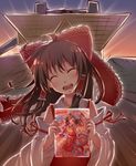  :d ^_^ backlighting bad_id bad_pixiv_id blush bow brown_hair closed_eyes dabadhi detached_sleeves face hair_bow hair_ribbon hair_tubes hakurei_reimu head_tilt highres long_hair open_mouth ribbon smile solo tokyo_big_sight touhou 