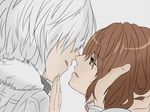  1girl accelerator blush brown_eyes brown_hair chin_grab coat hair_over_eyes head hidden_eyes imminent_kiss misaka_worst to_aru_majutsu_no_index vietnamese_dress white_hair 