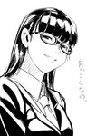  bad_id bad_pixiv_id bangs black_hair blunt_bangs face glasses greyscale grin long_hair monochrome necktie original shiba_itsuki simple_background sketch smile solo translation_request white_background 