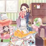  blue_eyes bow box brown_hair calendar_(object) camisole chest_of_drawers chocolate covering_mouth eihi gift hair_bow heart-shaped_box jacket long_hair original pencil pillow ribbon scissors sitting solo thighhighs valentine yellow_legwear 
