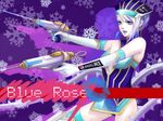  bare_shoulders blue_eyes blue_hair blue_rose_(tiger_&amp;_bunny) breasts character_name cleavage crystal_earrings dual_wielding earrings elbow_gloves gloves gun holding jewelry karina_lyle lipstick makeup medium_breasts melody_mi1112 pepsi_nex product_placement short_hair snowflakes solo superhero thighhighs tiger_&amp;_bunny weapon 