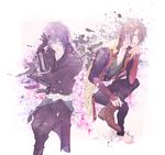  bad_id bad_pixiv_id black_hair brown_hair gloves green_eyes hakuouki_shinsengumi_kitan japanese_clothes katana meroro multiple_boys okita_souji_(hakuouki) saitou_hajime_(hakuouki) sash shoes short_hair single_shoe sword weapon 