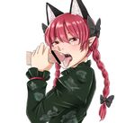  animal_ears blush braid cat_ears censored dress extra_ears fang fellatio green_dress hetero kaenbyou_rin nicutoka oral penis pointless_censoring pointy_ears red_eyes red_hair ribbon saliva solo_focus tongue touhou twin_braids upper_body uvula 