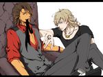  blonde_hair bracelet brown_hair crossed_legs dark_persona earrings ebitetsu facial_hair glasses jewelry kaburagi_t_kotetsu male_focus messy_hair mouth_hold multiple_boys necklace necktie ourobunny red_eyes shina723 shirt sitting spoilers stubble t-shirt tattoo tiger_&amp;_bunny vest waistcoat 