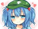  blue_eyes blue_hair blush close-up closed_mouth face hair_bobbles hair_ornament happy_tears hat heart kawashiro_nitori smile solo tears touhou two_side_up yuria_(kittyluv) 