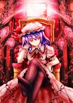  90i ascot bat_wings blue_hair chain crossed_legs dress hat red_eyes remilia_scarlet short_hair sitting smile solo throne touhou wings 