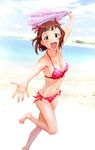  :d amami_haruka barefoot beach beckoning bikini breasts brown_hair cleavage green_eyes hair_ribbon highres idolmaster idolmaster_(classic) looking_at_viewer medium_breasts navel open_mouth outstretched_arm outstretched_hand reaching red_bikini ribbon running short_hair side-tie_bikini smile solo swimsuit ueyama_michirou 