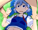  blue_eyes blue_hair blush cirno face fang imminent_rape kuranos lying navel on_back open_mouth pinned push_down short_hair solo touhou 