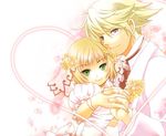  1girl blonde_hair bridal_veil couple flower green_eyes hetero huang_baoling hypoxis ivan_karelin jewelry puffy_sleeves purple_eyes ring short_hair tiger_&amp;_bunny veil wedding wedding_band 