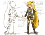 akita_neru blonde_hair blush cellphone character_sheet detached_sleeves long_hair nail_polish navel necktie phone pleated_skirt side_ponytail skirt smith_hioka thighhighs translation_request very_long_hair vocaloid yellow_neckwear 