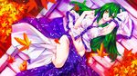  absurdres armpits bad_id bad_pixiv_id breasts cleavage detached_sleeves frog green_hair hair_ornament hair_tubes highres kalalasan kochiya_sanae large_breasts leaf long_hair looking_at_viewer maple_leaf midriff navel no_bra no_panties open_clothes reclining shirt skirt smile snake solo thighs touhou yellow_eyes 