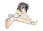  barefoot bikini brown_hair fang feet full_body kusakabe_misao lucky_star men_(artist) short_hair soles solo stretch swimsuit toes visor_cap yellow_eyes 