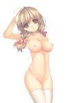  :o absurdres arm_up bad_id bad_pixiv_id blush bow breasts brown_hair collarbone hair_bow highres kuro_(kuronell) long_hair looking_at_viewer medium_breasts nipples nude original pussy red_eyes simple_background solo thighhighs white_legwear 