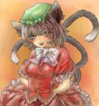  chen eyelashes fangs hat multiple_tails solo tail touhou untan 