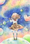  bangs blonde_hair closed_eyes flute heart iinuma_chika instrument moon original planet saturn school_uniform smile solo traditional_media watercolor_(medium) 