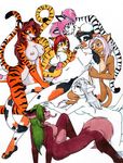  big_breasts breasts cat feline female group group_sex hair handjob horn male mammal nipples nude orgy penis pink_hair plain_background red_hair sex tierafoxglove tiger unknown_species white_background white_tider white_tiger 