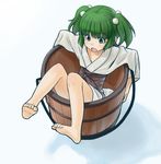  bad_id bad_pixiv_id barefoot blush bucket feet full_body green_eyes green_hair hair_bobbles hair_ornament in_bucket in_container japanese_clothes kisume obi open_mouth sash shiba_itsuki short_hair simple_background solo toes touhou twintails white_background wooden_bucket 