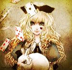  alice_(wonderland) alice_in_wonderland bangs blonde_hair blue_eyes blunt_bangs bow bunny card curly_hair eyelashes facial_mark falling_card hachiyuki hair_bow hair_ribbon hat heart light_smile lips long_hair looking_at_viewer monocle playing_card puffy_sleeves ribbon solo top_hat wavy_hair 