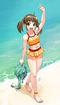  ahoge anklet arm_up bare_legs barefoot beach bikini blush brown_eyes brown_hair creature feet flat_chest from_above hands jewelry long_hair looking_up midriff mizuki_gyokuran monster navel ocean open_mouth original slime smile solo swimsuit twintails water waving wet 
