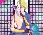  armor bare_shoulders blonde_hair blue_eyes fan folding_fan hadanugi_dousa ivan_karelin japanese_clothes jun_(kyurisin) katana male_focus mask origami_cyclone solo superhero sword tiger_&amp;_bunny weapon 