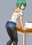  ass bare_shoulders belt black_legwear blue_eyes blush cake casual denim denim_shorts food green_hair iwasaki_minami legs legwear_under_shorts looking_back lucky_star pantyhose sandansu short_hair shorts solo table thighs 