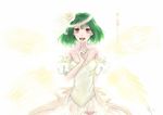  detached_sleeves dress finger_to_mouth green_hair macross macross_frontier melody_mi1112 puffy_sleeves ranka_lee red_eyes short_hair solo strapless strapless_dress translated 