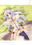  :o al-fin albino black_legwear blush coat gem grass itou_noiji jewelry long_hair lying official_art open_mouth red_eyes shawl shining_(series) shining_force_feather solo thighhighs white_hair zettai_ryouiki 