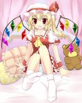  ascot bed blonde_hair blush canopy_bed dress fang feet flandre_scarlet highres open_mouth panties pillow red_dress red_eyes side_ponytail sitting smile socks solo striped striped_panties stuffed_animal stuffed_toy teddy_bear toni_(artist) touhou underwear upskirt wings wrist_cuffs 