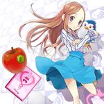  apple bad_id bad_pixiv_id blush brown_hair food fruit highres long_hair mawaru_penguindrum penguin_3-gou purple_eyes skirt takakura_himari umeboshitora 