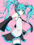  blue_eyes blue_hair curly_hair detached_sleeves hanamuke hatsune_miku headphones highres long_hair necktie parted_lips pink_background solo thighhighs twintails vocaloid zettai_ryouiki 