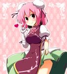  bandages blush bow breasts bun_cover chinese_clothes double_bun flower heart ibaraki_kasen medium_breasts pink_eyes pink_flower pink_hair pink_rose poco_(pocoyb) rose short_hair skirt smile solo touhou 