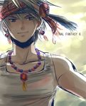  bandana copyright_name earrings final_fantasy final_fantasy_vi grey_eyes gsm101 jewelry lock_cole male_focus necklace silver_hair smile solo text_focus 