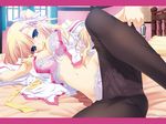 ama_ane bed black_legwear blonde_hair blue_eyes bow bow_bra bow_panties bra breasts cleavage hair_ornament hair_ribbon hairclip highres kikurage_(plastic_people) lace lace-trimmed_bra lace-trimmed_panties large_breasts leg_up lingerie long_hair looking_at_viewer lying mouth_hold navel no_pants on_side open_clothes open_shirt panties panties_under_pantyhose pantyhose pantyhose_pull pink_bra pink_panties ribbon ribbon_in_mouth shirt side_ponytail solo takashina_natsumi underwear undressing 