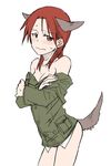  animal_ears bare_legs bare_shoulders blush breasts cleavage collarbone crossed_arms dog_ears dog_tail embarrassed jacket long_hair long_sleeves medium_breasts minna-dietlinde_wilcke no_pants off_shoulder red_eyes red_hair simple_background solo strike_witches sweat tail torinone uniform white_background world_witches_series 