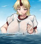  between_breasts blonde_hair breasts collarbone day giantess horn hoshiguma_yuugi huge_breasts long_hair outdoors pointy_ears red_eyes see-through ship slit_pupils smile solo star terada_ochiko touhou water watercraft wet wet_clothes 