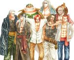  abs ben_beckman brown_hair hairlocs hat highres kusaco long_coat lucky_roux monkey multiple_boys one_piece open_clothes open_shirt ponytail red_hair shanks shirt short_hair smile tank_top traditional_media watercolor_(medium) white_hair yasopp 