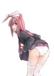  animal_ears ass blush bunny_ears from_behind leaning_forward long_hair open_mouth panties purple_hair red_eyes reisen_udongein_inaba skirt skirt_lift solo thighhighs touhou underwear white_legwear white_panties xiao_qiang_(overseas) 