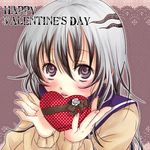  bad_id bad_pixiv_id black_hair blue_eyes blush box chocolate gift happy_valentine heart heart-shaped_box holding holding_gift long_hair multicolored_hair nurarihyon_no_mago ringed_eyes scarf school_uniform solo valentine yuki_onna_(nurarihyon_no_mago) 