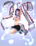  adapted_costume armpits arms_up bakuya blue_hair breasts cheerleader closed_eyes covered_nipples frills full_body hat highres jumping kneehighs large_breasts midriff nagae_iku no_bra open_mouth shawl shoes simple_background skirt smile sneakers solo touhou underboob white_legwear 