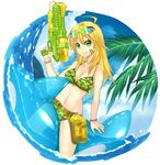  ahoge aqua_background bikini blonde_hair breasts camouflage circle cleavage eyewear_on_head finger_on_trigger front-tie_top green_eyes highres hoshii_miki idolmaster idolmaster_(classic) inflatable_toy long_hair medium_breasts navel riding solo sunglasses swimsuit uemukai_dai water_gun whale woodland_pattern 