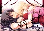  :o bangs black_hair blonde_hair blush breast_press breasts chiri_(atlanta) choker couple eyebrows_visible_through_hair from_side highres holding_hands interlocked_fingers long_hair looking_at_viewer looking_to_the_side lying medium_breasts multiple_girls off_shoulder on_back open_mouth orange_eyes original ribbon yellow_eyes yuri 